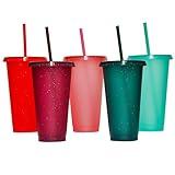 Suertestarry Plastic Tumblers with Lids and Straws Water Bottle Iced Coffee Travel Mug Cup Reusable Cups Perfect for Parties,Birthdays,24oz-5 Pack(Rainbow Glitterr)
