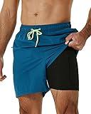 SILKWORLD Mens Swimming Trunks with Compression Liner 2 in 1 Quick-Dry Bathing Suits with Zipper Pockets Blue