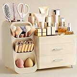 HBlife Makeup Organizer with Brush Holder for Vanity, Large Plastic Bathroom Countertop Organizer Skin Care Storage, Easy to Store Lipsticks, Nail Polishes, Perfumes, Eyeshadow Palettes, All Beige