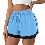 Yevrimow Women's 2 in 1 Running Shorts for Gym Yoga Workout Athletic Shorts High-Waisted Shorts with Liner Pockets Blue-M