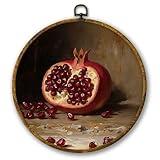 Mcehtle Vintage Moody Pomegranate Wall Art Decor, Cottagecore Kitchen Fruit Red Garnet Framed Canvas Prints 10x10, Pomegranate Dark Still Life Round Wall Hanging Artwork Decorations for Dining Room
