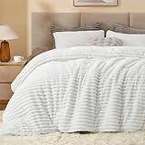 BEDELITE Fleece Queen Comforter Set -Super Soft & Warm Fluffy Bright White Bedding, Luxury Fuzzy Heavy Bed Set for Winter with 2 Pillow Cases