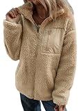 Dokotoo Womens Casual Solid Long Sleeve Jackets for Women Open Front Full Zipper Up Warm Fleece Sherpa Jackets with Pockets Stylish Cute Lapel Collar Teddy Coats for Women Outerwear Khaki L