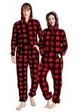 Loiahoer Unisex Adults Buffalo Plaid Onesie Pajamas Hooded Christmas PJS for Family Jumpsuit Thermal with Pockets Zipper,Black+Red L