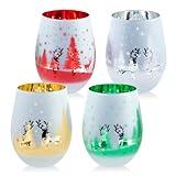 MyGift 14 oz Christmas Stemless Holiday Wine Glasses with Frosted Winter Scene, Festive Glass Drinkware Cups for Xmas Party, Red Green Gold Silver, Set of 4