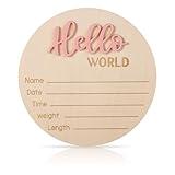 Newborn Announcement Sign, 5.9in Wooden Hello World Sign Baby Welcome Sign Birth Baby Name Plaques for Newborn Boys and Girls Photo Props Baby Shower Hospital Nursery (Light Pink)