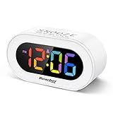 REACHER Small Colorful LED Digital Alarm Clock with Snooze, Simple to Operate, Full Range Brightness Dimmer, Adjustable Alarm Volume, Outlet Powered Compact Clock for Bedrooms, Bedside, Desk, Shelf