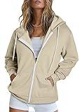 Dokotoo Women's Fall Solid Color Oversized Khaki Full Zip Up Hoodie Long Sleeve Plus Size Ladies Hooded Sweatshirts Pockets Jacket Coat for Women Teen Girls Fashion 2024 Casual Large