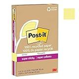 Post-it Super Sticky 100% Recycled Notes, 4 Sticky Note Pads, 4 x 6 in., 2X The Sticking Power, School Supplies and Oﬃce Products, Use with Post-it Note Dispensers, Canary Yellow