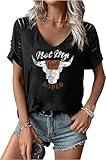 Not My First Rodeo V Neck Shirts Women Country Music Graphic Tshirt Summer Cold Shoulder Tops Cowgirls Short Sleeve Tee(Black1-XL)