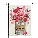 CROWNED BEAUTY Valentines Day Mason Jar Garden Flag 12x18 Inch Double Sided for Outside Small Burlap Heart Holiday Yard Flag