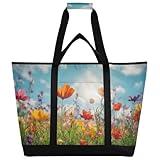 FLildon Insulated Cooler Bag 30L, Spring Flowers Large Reusable Grocery Bags for Hot/Cold Food Delivery Bag Thermal Tote for Travel Beach Picnic