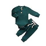 Newborn Baby Boy Girl Clothes Ribbed Knitted Cotton Long Sleeve Romper Long Pants Solid Color Fall Winter Outfits (A- Green, 0-3 Months)