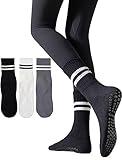 Irisbear Womens Pilates Socks with Grips Non Slip Yoga Socks Barre Hospital Athletic Grippy Socks for Women 3 PACK BLACK WHITE GRAY