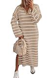 MEROKEETY Women's 2024 Long Sleeve Striped Sweater Dress V Neck Collared Slit Casual Knit Maxi Dresses, Khaki, L