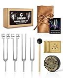 CREVIK Tuning Forks for Healing Set - 128Hz, 136.1Hz, 256Hz, 384Hz Weighted & Unweighted Tuning Fork Kit with Hockey Puck Activator - Chakra Sound Therapy Instruments for Meditation & Yoga in Pouch