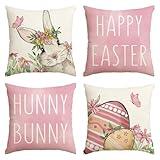 AVOIN colorlife Happy Easter Hunny Bunny Pink Throw Pillow Covers, 18 x 18 Inch Easter Eggs Bunny Spring Cushion Case for Sofa Couch Set of 4