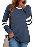 AUTOMET Womens Long Sleeve Shirts Color Block Casual Dressy Crewneck Tops Cotton Tshirt Basic Tees Fall Fashion Trendy Clothes Work Outfits Blue L