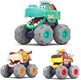 MOONTOY Toy Cars for 1 2 3 Year Old Boys, 3 Pack Friction Powered Cars Pull Back Toy Cars Set - Bull Truck, Leopard Truck, Crocodile Trucks, Push and Go Toy Cars for Toddler Boys Baby Gift.