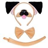 Dxhycc Pug Costume Accessories Set, Pug Ears Headband Nose Bowtie and Tail Costume Accessories for Adult Halloween Dress Up Play Party Brown