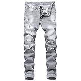 LZLER Mens Ripped Jeans,Distressed Destroyed Slim Fit Straight Leg Denim Pant with Holes(Light Grey 870,34)