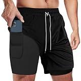 candyfouse Men's 2 in 1 Running Shorts, Quick Dry Workout Shorts with Liner, Athletic Shorts with Zip Pockets and Towel Loop Black