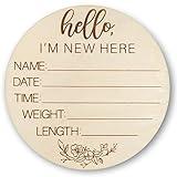 Wooden Newborn Welcome Sign - Hello I’m New Here Baby Name Sign - Round Baby Announcement Sign for Hospitals - Infant Arrival Stat Sign - 4.75 Inches Long & Wide with 3mm Thickness