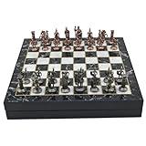 Metal Chess Set for Adults Historical Rome Antique Copper Figures,Handmade Pieces and Different Design Wooden Chess Board with Storage (Marble)