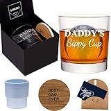 Daddy's Sippy Cup Whiskey Glass Set In Gift Box, Funny unique Gifts for New Dad, Father, Papa, Husband, Father's Day Gifts From Wife - 10 Oz Old Fashioned Glass & Ice Ball Mold & Coaster & Gift Card