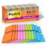 Post-it Super Sticky Notes, 3x3 in, 24 Pads, 2x the Sticking Power,Energy Boost Collection, Bright Colors (Orange, Pink, Blue, Green), Recyclable