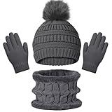 3Pcs Cute Pom Pom Kids Winter Beanie Gloves Scarf Set for Boys Girls Kids Warm Knitted Cap Kids and Fleece Lined Scarf