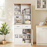 VECELO Kitchen Pantry Cabinet, 72'' Tall Pantry with Microwave Stand, Kitchen Hutch with Storage Drawers and Shelves for Dining Room, Living Room, White