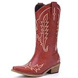 Rivalran Red Cowboy Boots for Women - Cowgirl Boots with Embroidery, Chunky Heel Pointed Toe Pull-on Vintage Western Mid Calf Fashion Boots for Ladies US Size 8