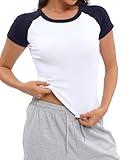 Mousnipy Women's Basic Summer Raglan Sleeve Crewneck T-Shirts Y2K Cute Going Out Tops Baby Tee(Navy Blue,Medium)