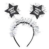 Needzo Happy New Year Headband with Star Boppers and Silver Tone Tinsel, 10 Inch(Black and Silver Stars)