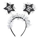 Happy New Year Headband with Star Boppers and Silver Tone Tinsel, 10 Inch (Happy New Year) (Black and Silver Stars)