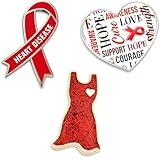 PinMart Heart Disease Awareness Enamel Lapel Pin – Nickel Plated Red Awareness 3 Piece Pin Set– Support Heart Health – Jewelry Brooch with Secure Clutch Back