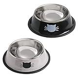 Cat Bowls for Food and Water,2PCS Rapsrk Non-Slip Stainless Steel Small 8 Oz Pet Bowl with Removable Rubber Base Dog Bowl,Stackable Puppy Dishes with Cute Cat Painted