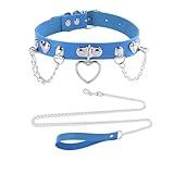 2Pcs Heart Chain Soft Blue Faux Leather Collar and Leash Chain Set for Women Pet Sexy Cute Cosplay Toys Gift