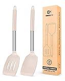 Pack of 2 Silicone Solid Turner, Non Stick Slotted Kitchen Spatulas, High Heat Resistant BPA Free Cooking Utensils, Ideal Cookware for Fish, Eggs, Pancakes(Stainless Steel Khaki)