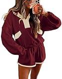 miduo Womens Casual Lapel Collared Color Block 2 Piece Sets Long Sleeve Oversized Sweatshirts Pullover and Shorts Set Matching Sets Outfit Lounge Sets Wine S