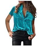 Sale on Today Women's Velvet T Shirts Solid Button Collar Tops Short Sleeve Shirt Basic Velour Blouse Casual Solid Tee Shirts Velvet Shirt for Women Sky Blue XL