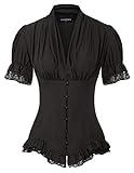Scarlet Darkness Womens Black Blouse Dressy Casual Steampunk Victorian Lace Up Blouse V Neck Short Sleeve Shirts Black L
