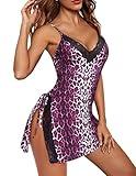 Avidlove Babydoll Nightgown Set Knee Length Negligee Lace Chemise Lingerie(Leopard-Purple,XL)