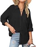 Zeagoo Womens Long Sleeve Blouses Linen Button Up Shirt Cotton Button Down Top Summer Work Outfits Black