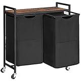 HOOBRO Laundry Hamper, Laundry Sorter 2 Section, 2 × 13 Gal (49.5L), Laundry Basket with Wheels, Rolling Cart, Pull-Out and Removable Oxford Fabric Laundry Bags, Rustic Brown and Black BF72XY01