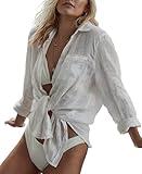 Zoye Chen Women’s Bikini Swimsuit Cover Up Button Down V Neck Shirts Long Sleeve Blouse Beachwear Bathing Suit (White, Medium)