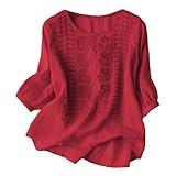 Linen Shirts for Women Summer 2025 Trendy Retro Embroidered 3/4 Sleeve Boho Eyelet Tops Mexican Dressy Casual Peasant Blouses Teacher Loose Fit Tunics Bohemian Clothes Red,2X