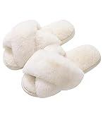 Evshine Women's Fuzzy Slippers Cross Band Memory Foam House Slippers Open Toe Indoor Outdoor Shoes, White, 38-39 (Size 7-8)