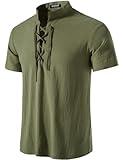 JEMITOP Men's Retro Renaissance Costume Short Sleeve Lace Up Shirts for Pirate Viking Medieval Vampire Halloween Cosplay Clothing Solid Army Green M